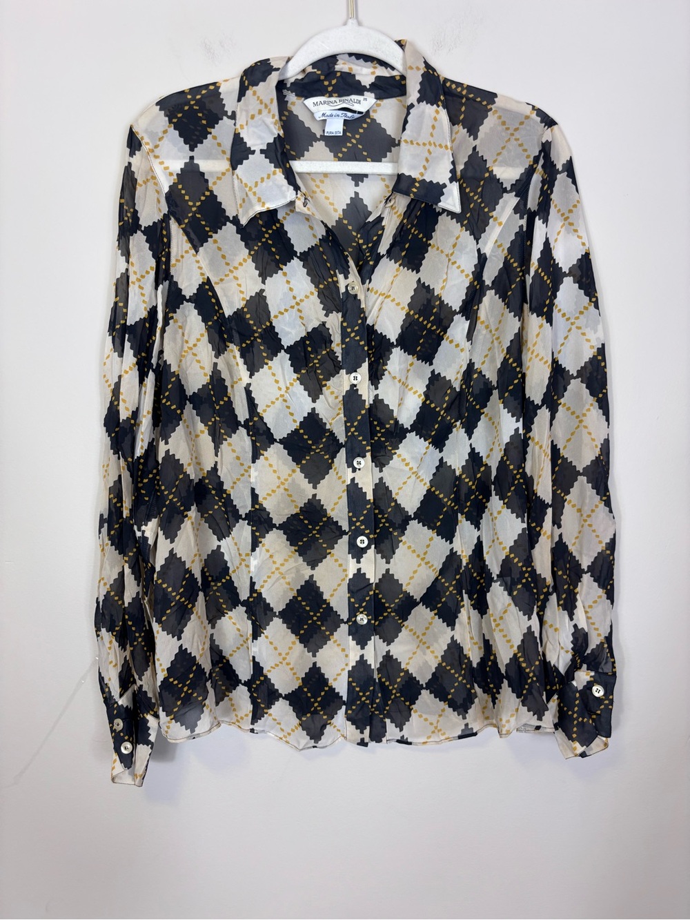 Marina Rinaldi Black, White & Gold Semi-Sheer Argyle 100% Silk Button-Up Blouse